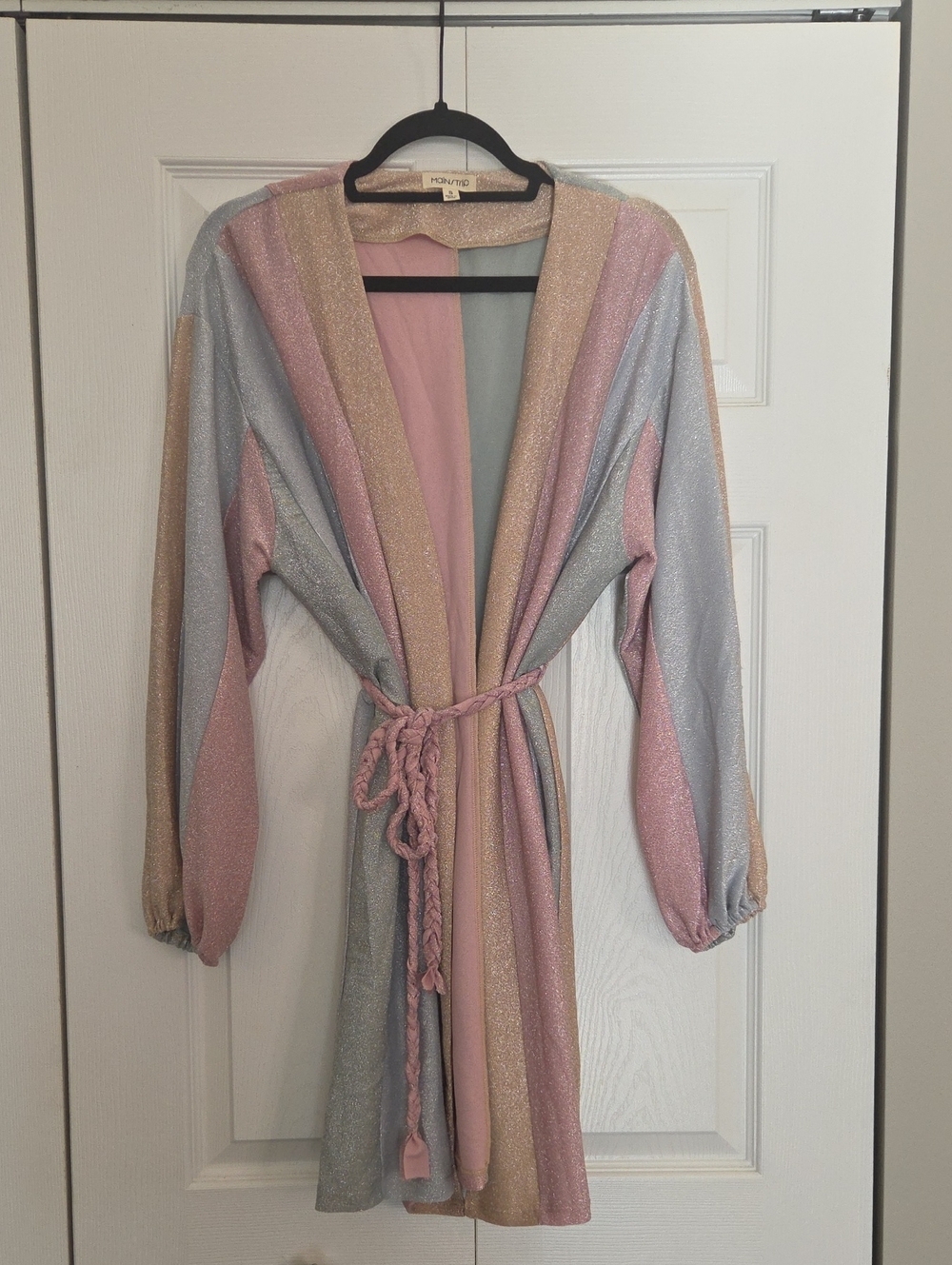 Main Strip Metallic Rose and Pale Blue Wrap Dress